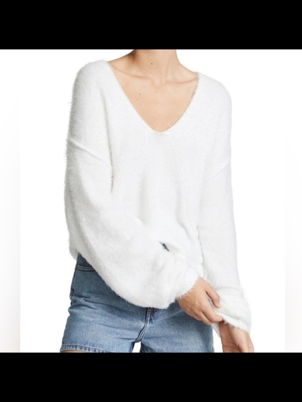 Free People White Fuzzy V-Neck Sweater